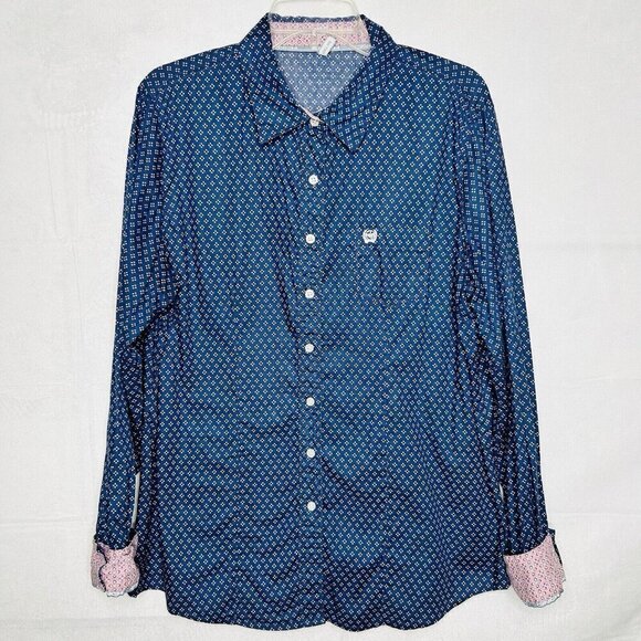 Cinch Women's Button-Down Western Shirt Blue Pink Dotted Size XXL Flip Cuff - Picture 1 of 8